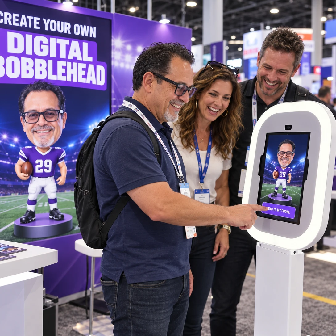 Illustrative digital bobblehead kiosk with attendees viewing a personalized keepsake