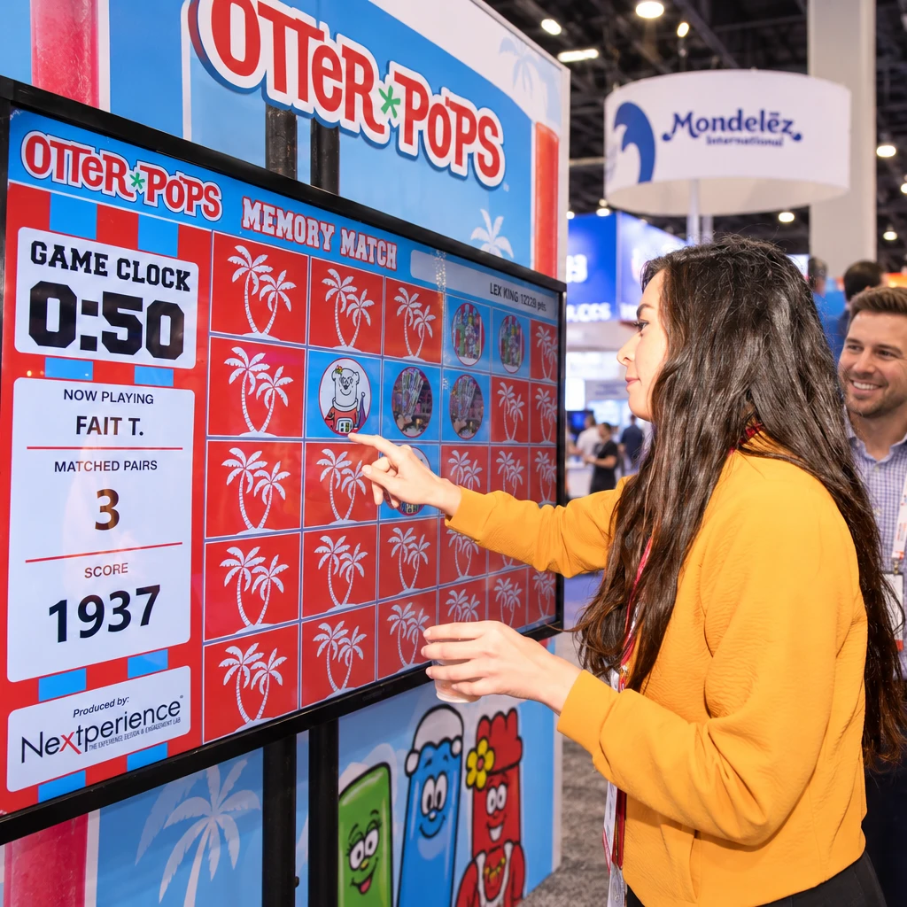 Illustrative booth scene with an attendee playing a colorful branded Memory Match game