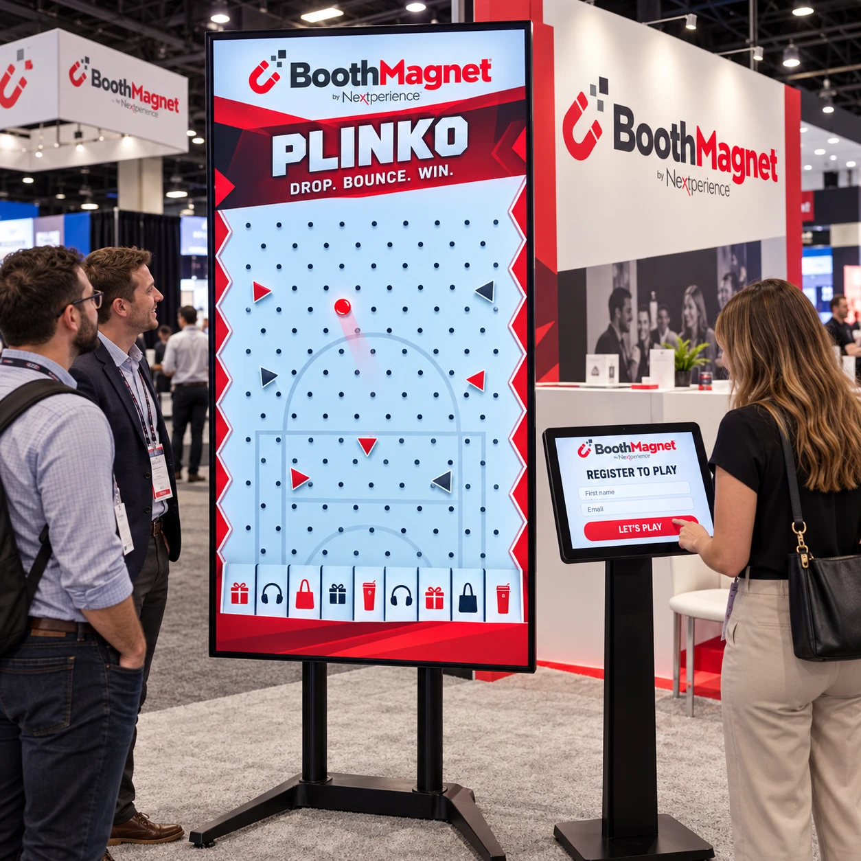 Illustrative large-screen digital Plinko experience with a separate registration touchscreen