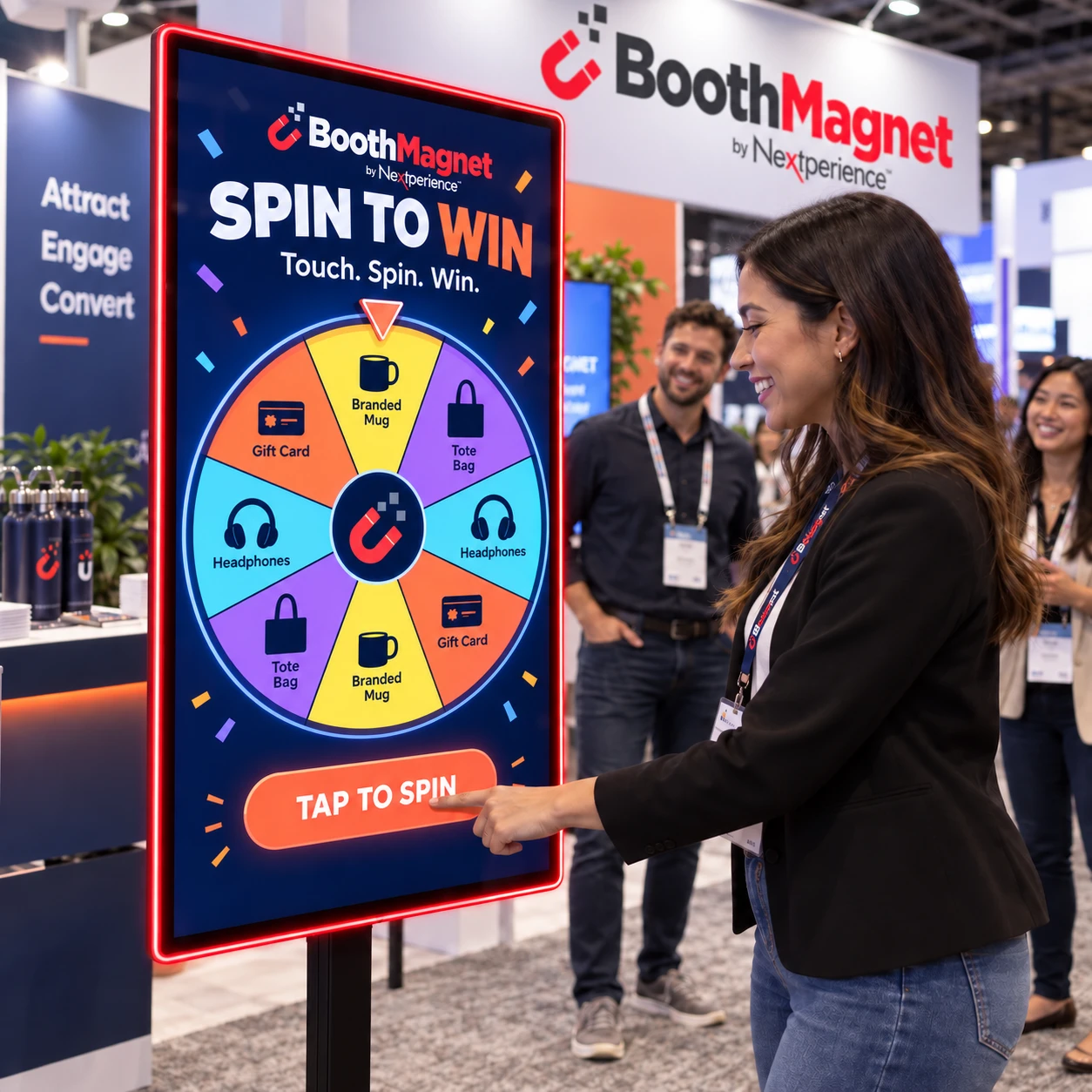 Illustrative Spin to Win experience on a vertical touchscreen with a red LED border